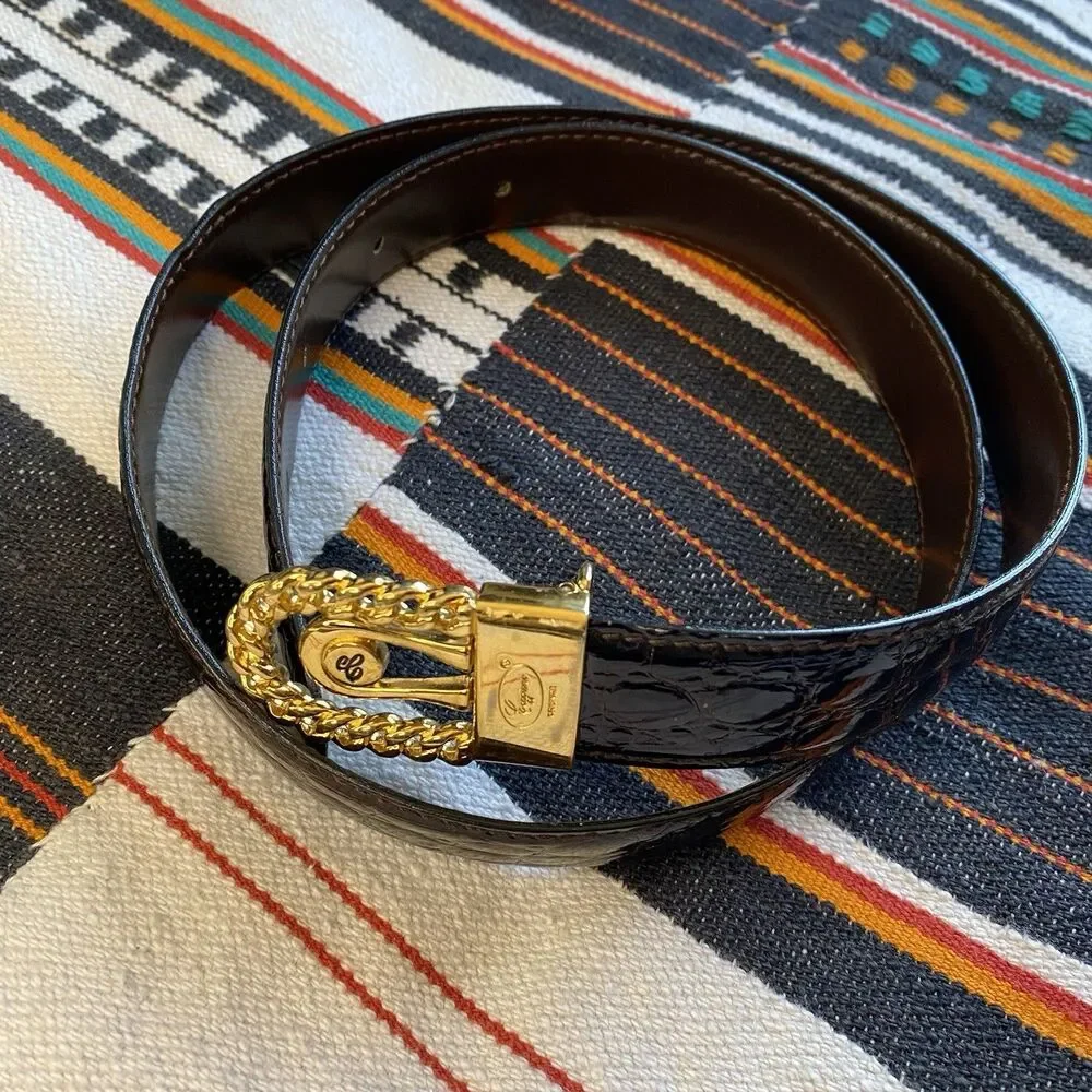 Vintage Caggiano 22k Gold Plated Leather Belt. Reversible. Push Center. Italy.